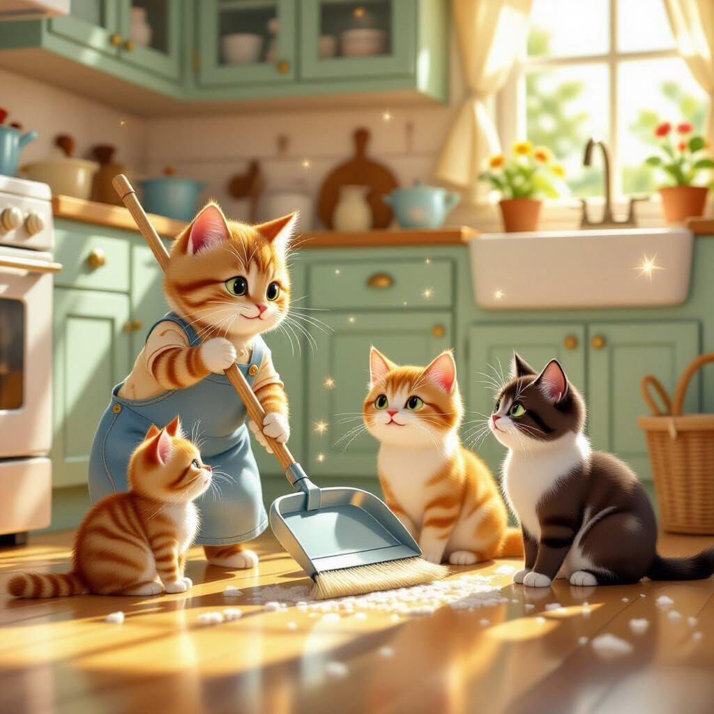 Sentient Cleaning Tools and Cats in a Sunny Kitchen