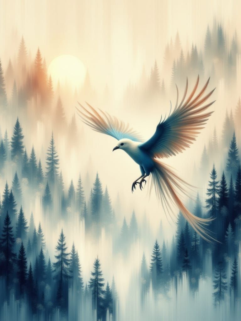 Impasto Painting of Chinese Landscape with Majestic Bird in ...