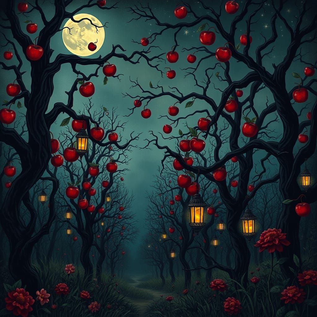 Gothic Orchard with Red Apples Under Moonlight