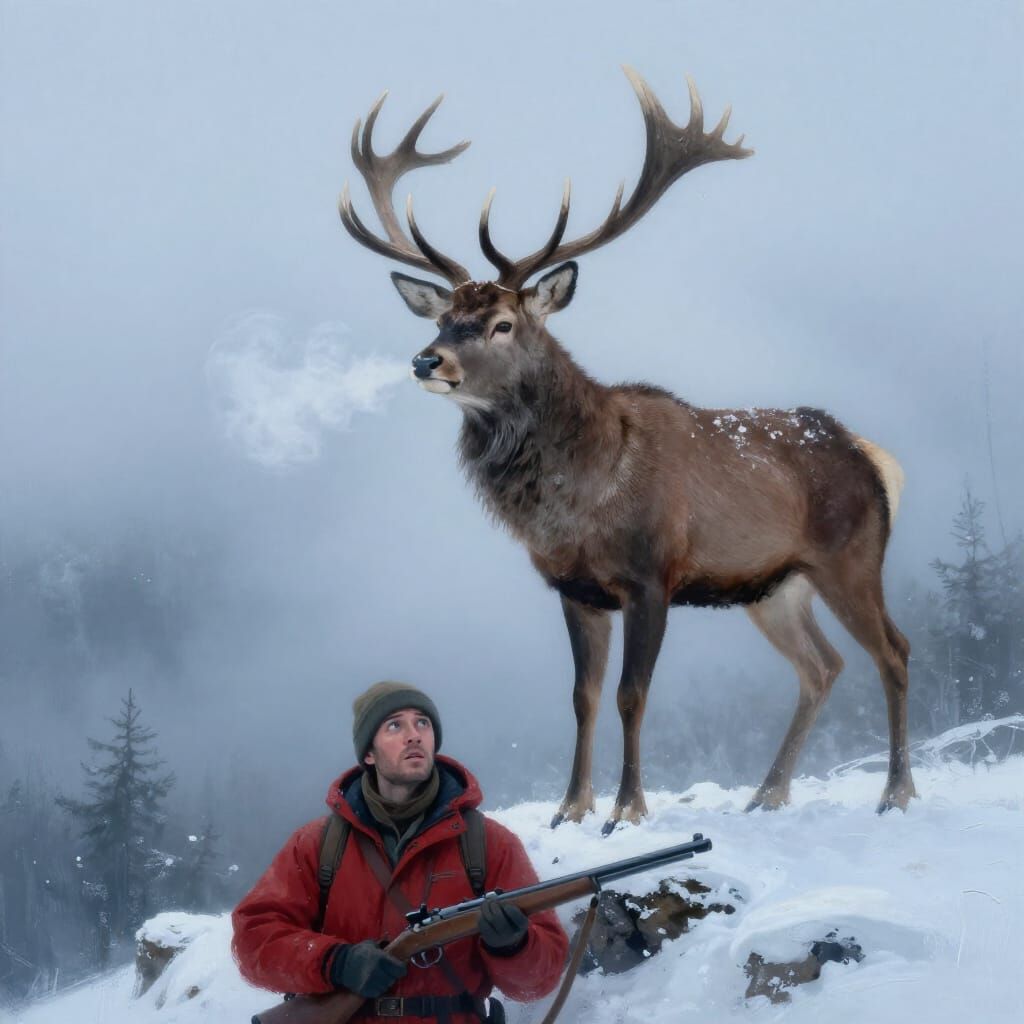Majestic Stag Watches Fearful Hunter in Foggy Mountain Lands...
