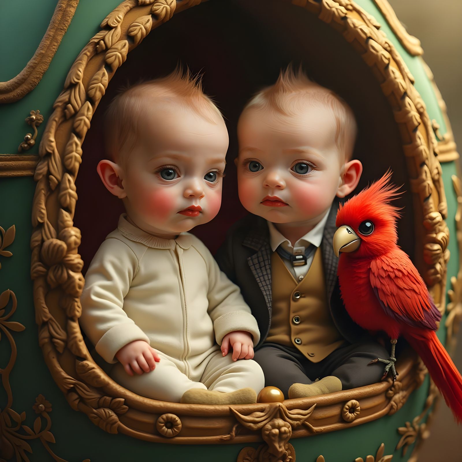 Two Infants Share a Serene Twin Carriage Scene with a Vibran...