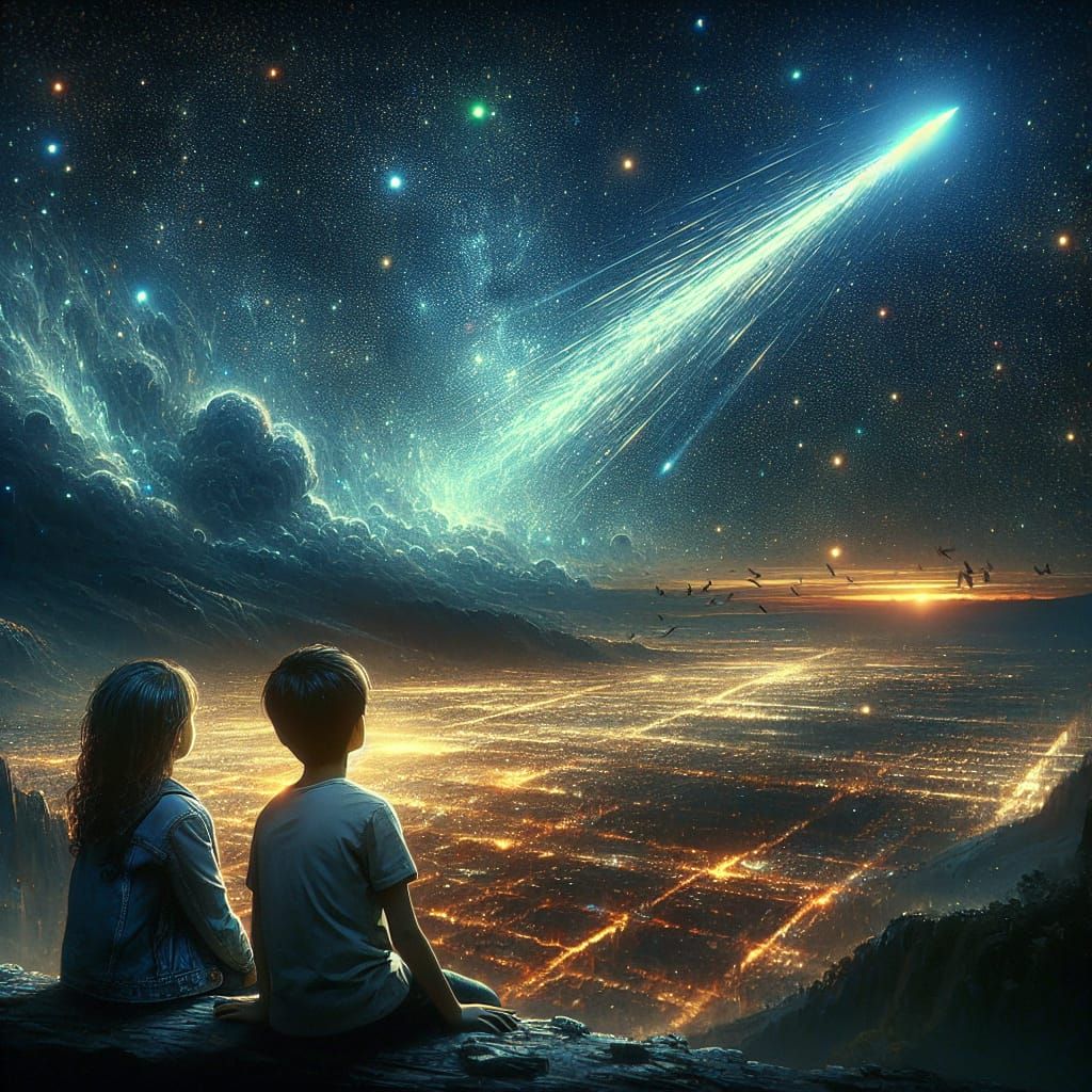 Children Watch Meteor Shower in Digital Matte Painting
