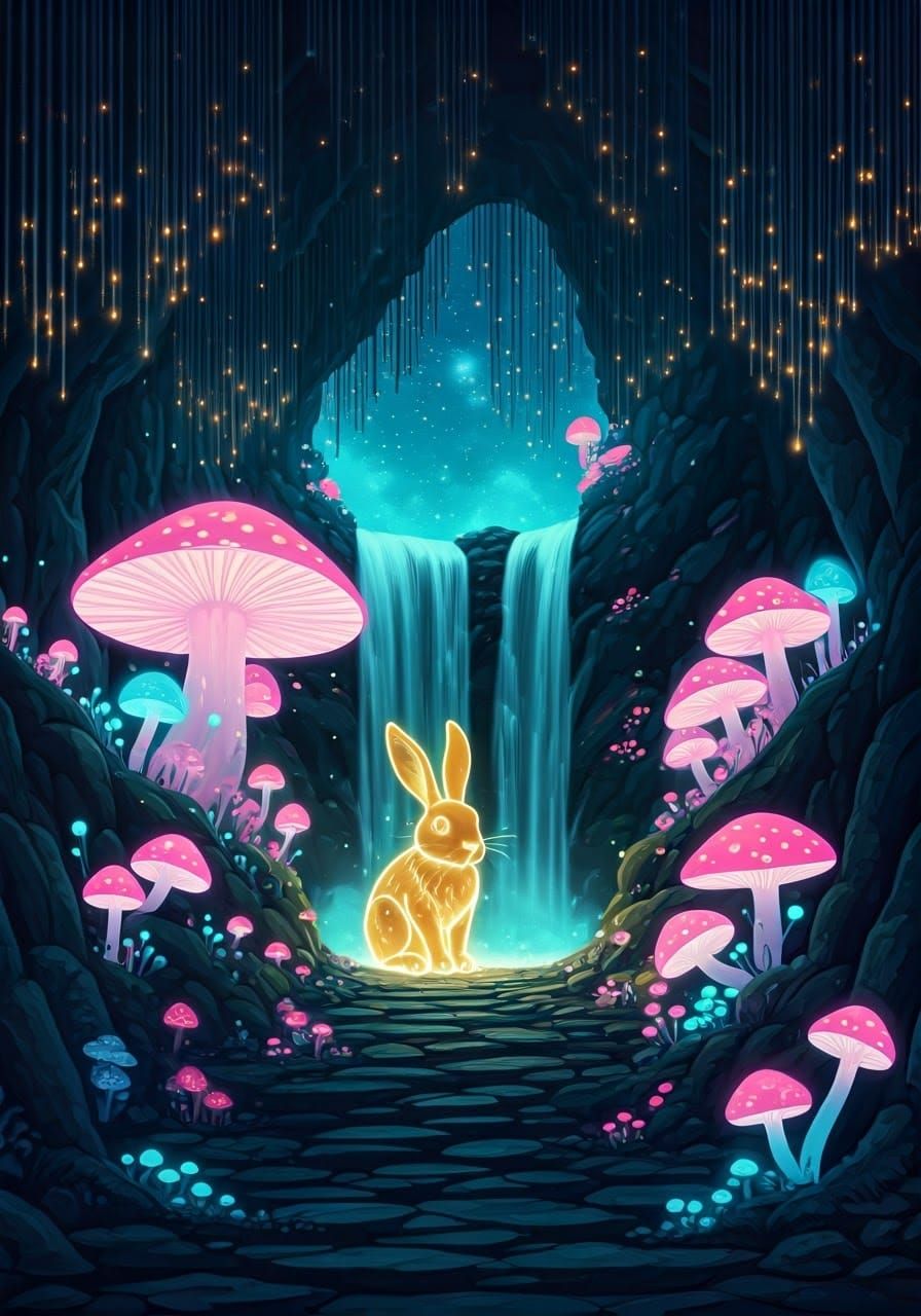 Glowing Rabbit Discovers Mystical Cave Wonderland