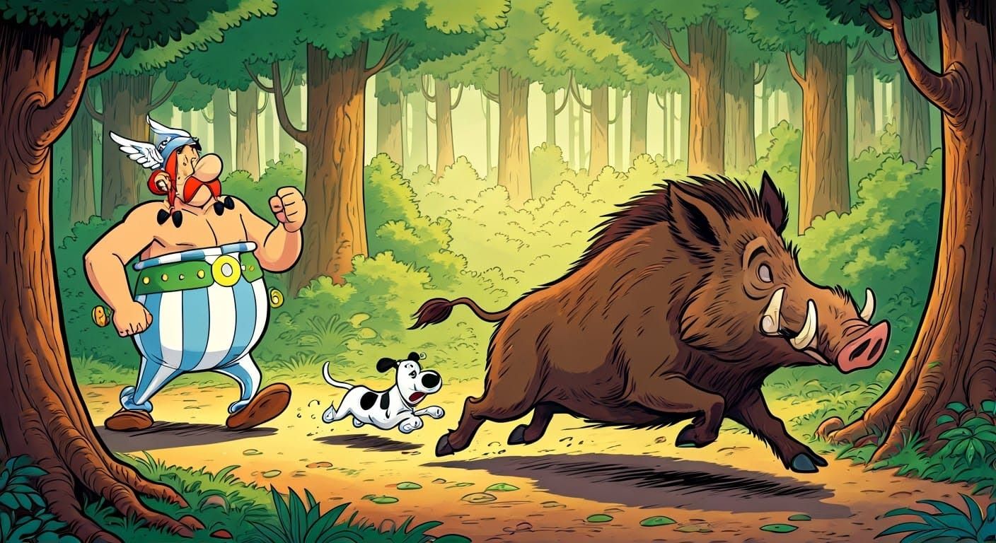 Idefix Chases Wild Boar, Comic Book Style