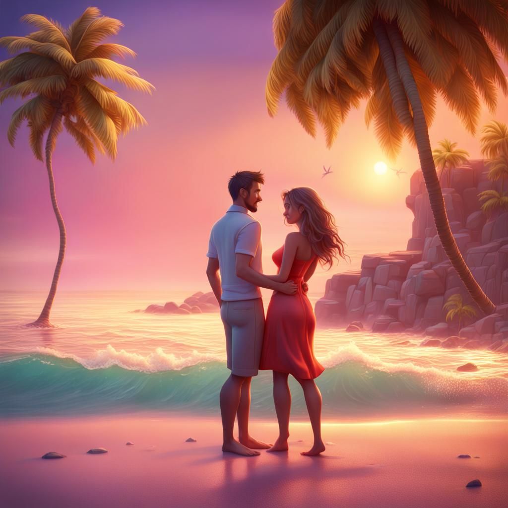 Romantic Honeymoon Beach Scene: Pixar-Style 3D Art