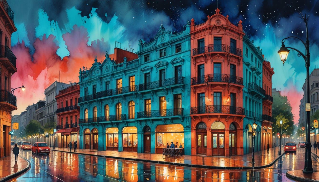 Colorful Caminito Corner Building, Watercolor and Alcohol In...