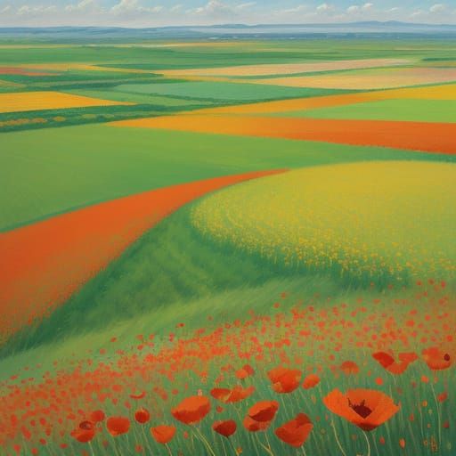 Impressionist Landscape with Swaying Poppies in Soft Light