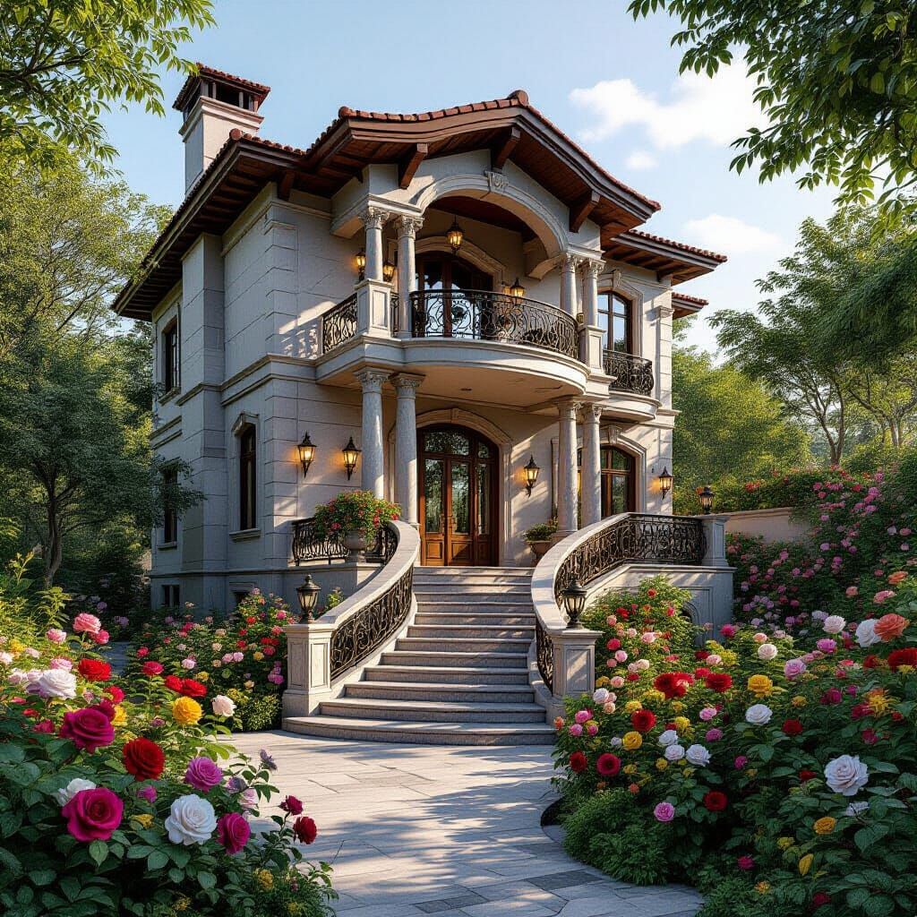 Hyper-Realistic 3-Story Guest House with Rose Garden