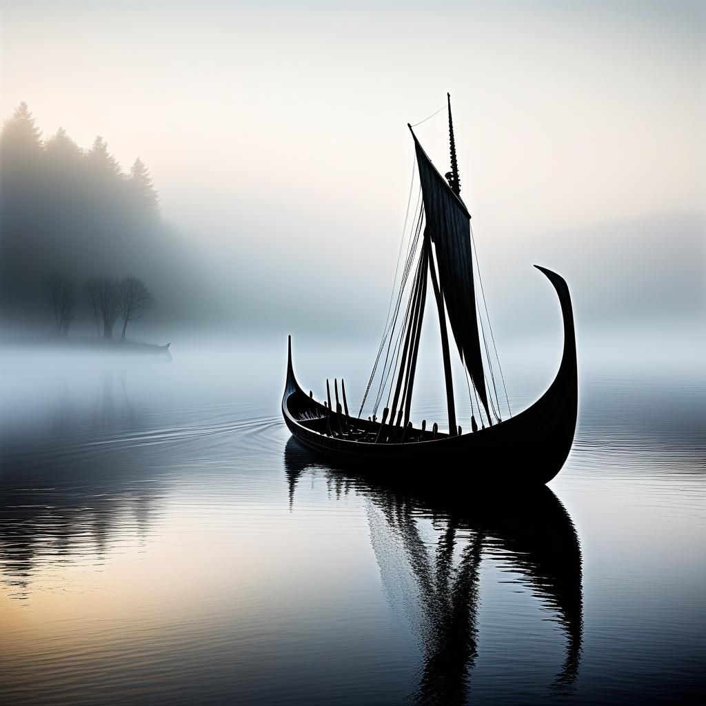Viking Longboat Emerges from Misty River: Oil Painting