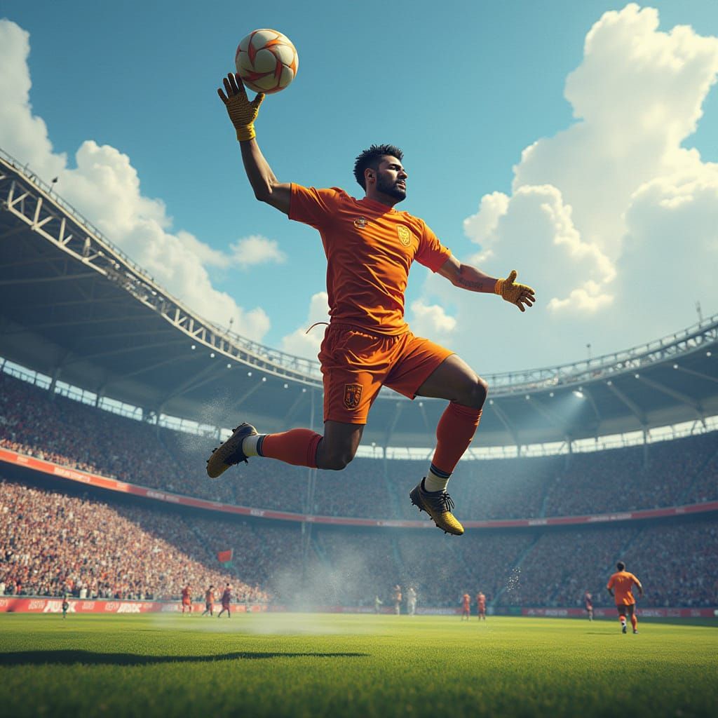 Heroic Football Goalkeeper Soars in Mid-Air, Deflecting Ball...