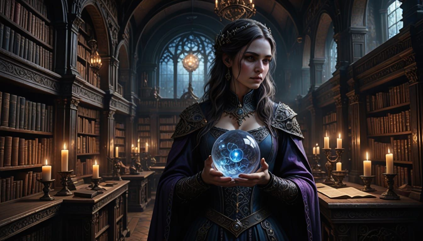 Mysterious Woman in Alchemical Library: Gothic Fantasy Art