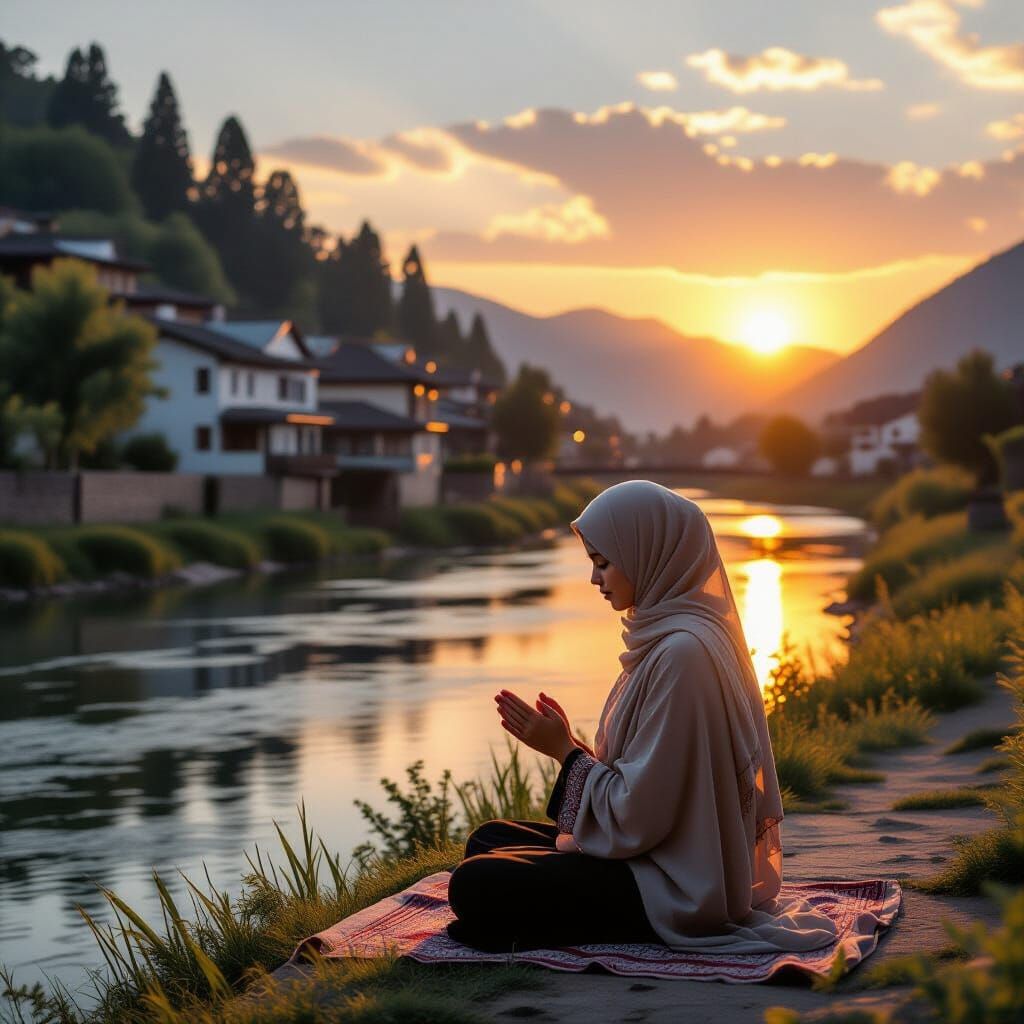 Hijabi Girl Praying at Sunset in Village
