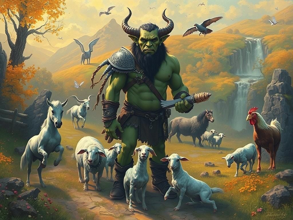 Orc Farm in Mystical Rural Landscape, Kinkade Style