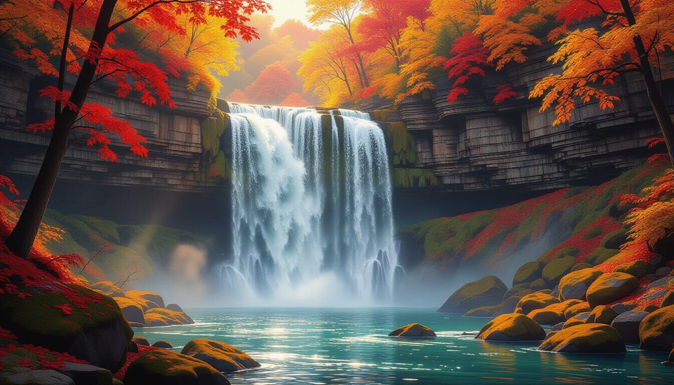 Majestic Autumn Waterfall in Golden Hour Light