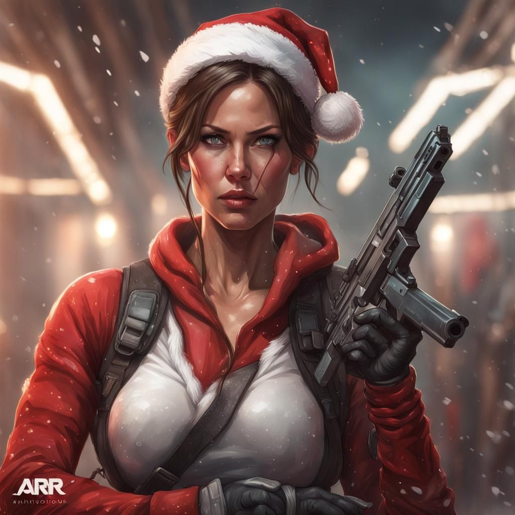 Lara Croft wearing Santa Clause suit and with two guns in her hands