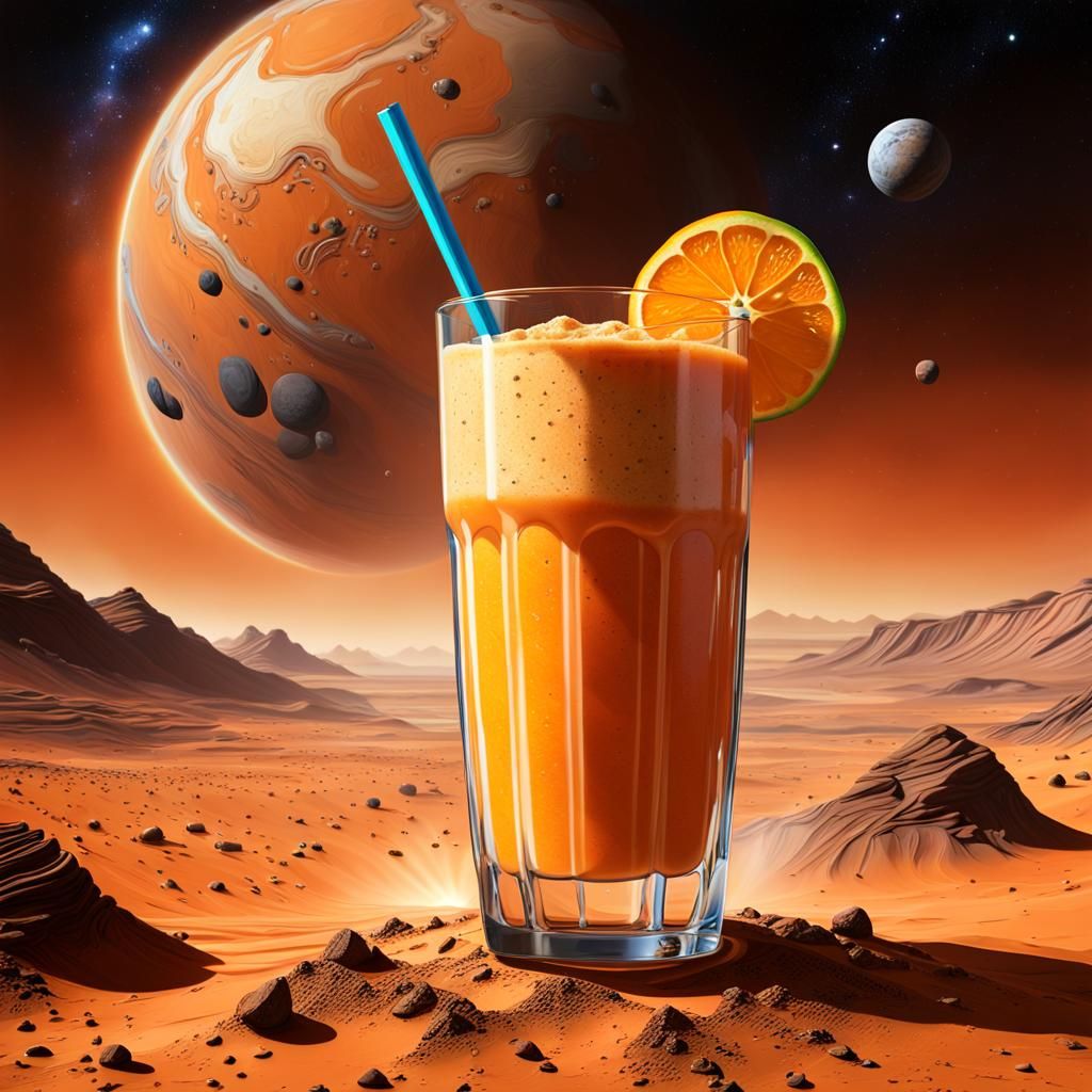 Orange Smoothie on Mars: Hyperrealistic Concept Art