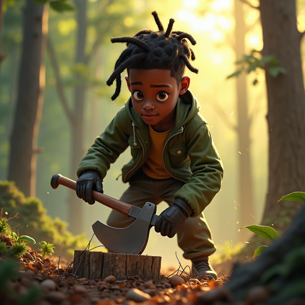 Teenager Chopping Wood in Forest, Hyperrealistic 3D Render