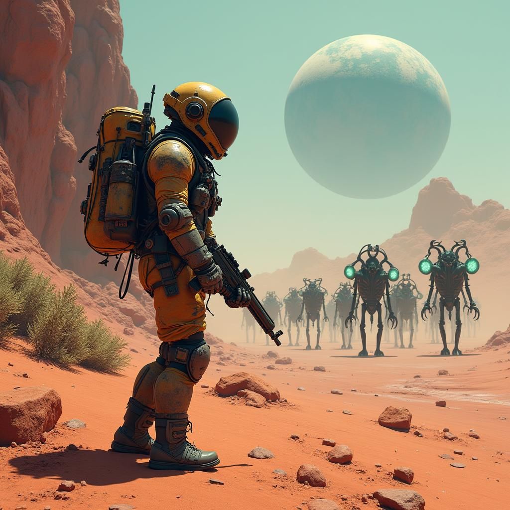 Martian Survivor Confronts Alien Creatures on Barren Landsca...