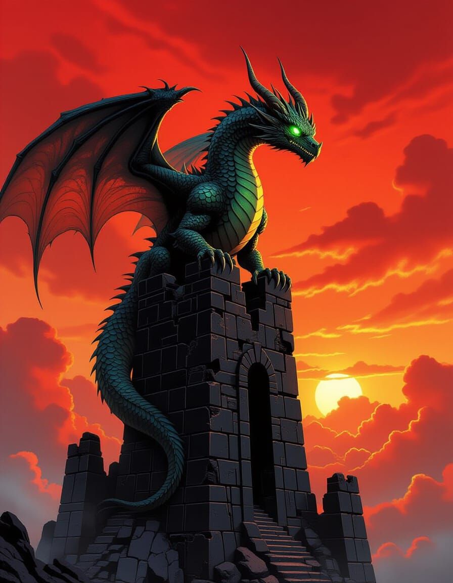 Ancient Dragon on Obsidian Tower Dark Fantasy Art