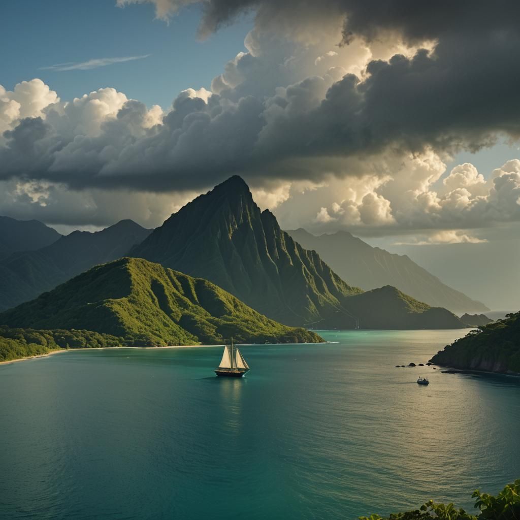 Tropical Mountain Overlooking Ocean Bay at Sunset