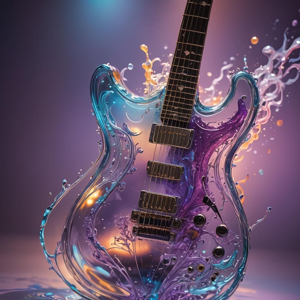 Bioluminescent Glass Guitar in Vibrant Concert Splash Art