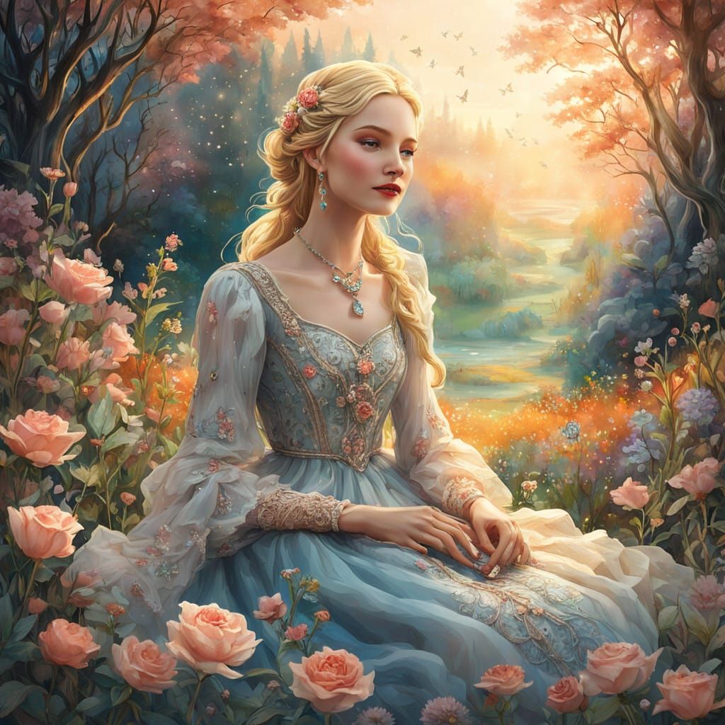 Ethereal Rose-Hued Lady in Whimsical Wonderland Setting