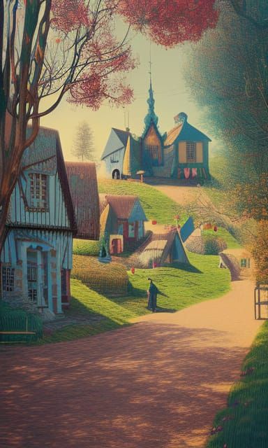 Whimsical English Village in Retro Art Style