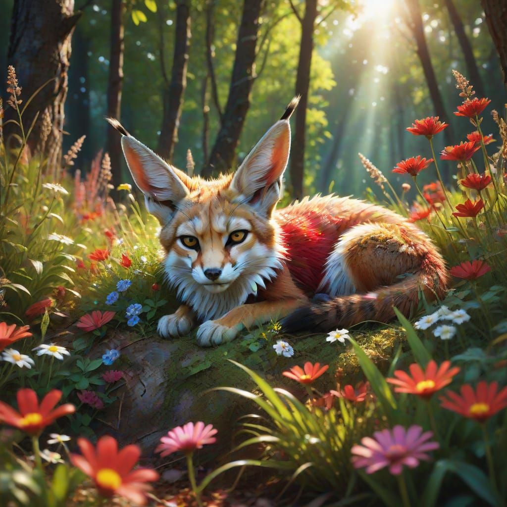 Fennek Resting on Flowers in Forest Clearing