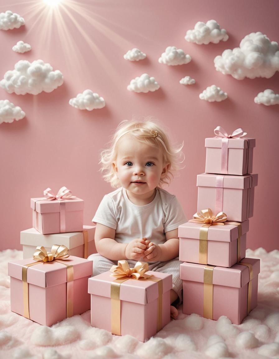 Blond Babies Peeking from Gift Boxes in Pink
