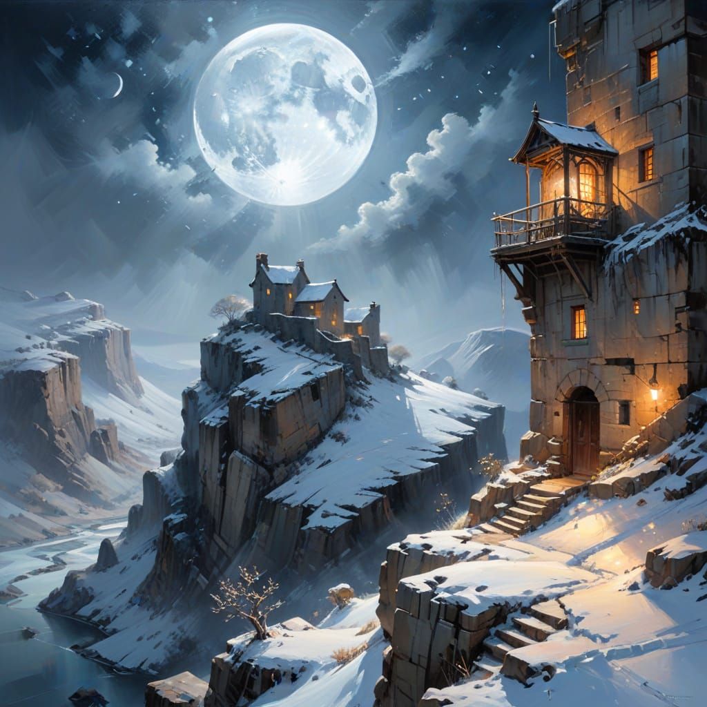 Snowy Cliff Observatory in Impressionist Style