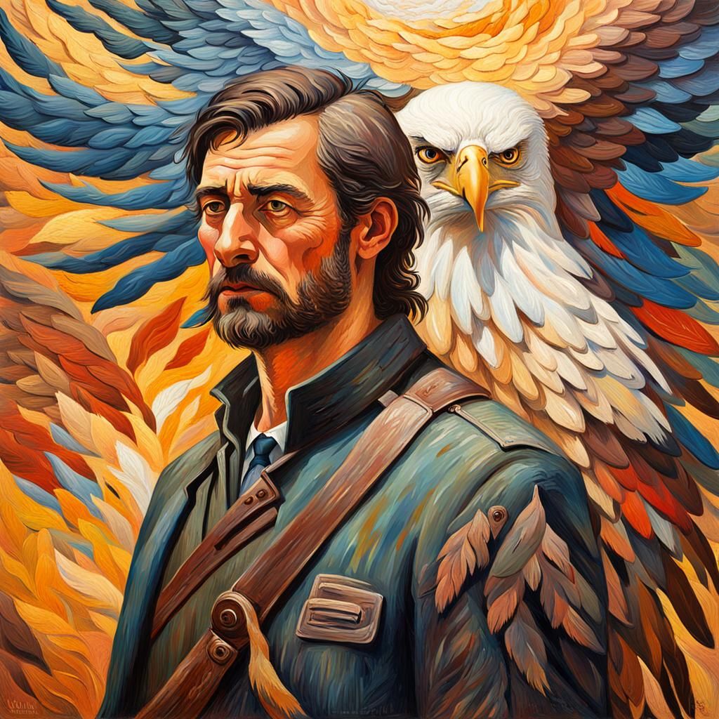 Earthy Neo-Impressionistic Portrait with Eagle and Torch
