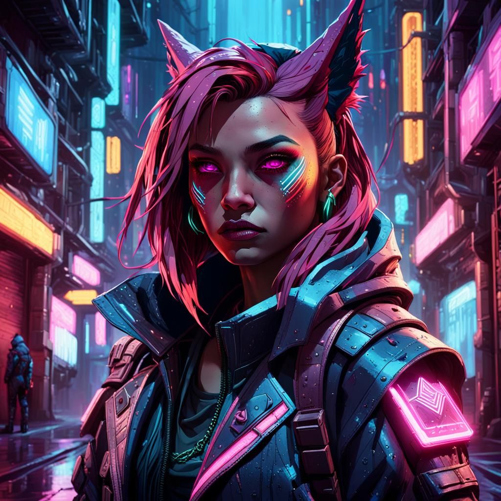 Xayah in Cyberpunk Alley: A Neon Portrait