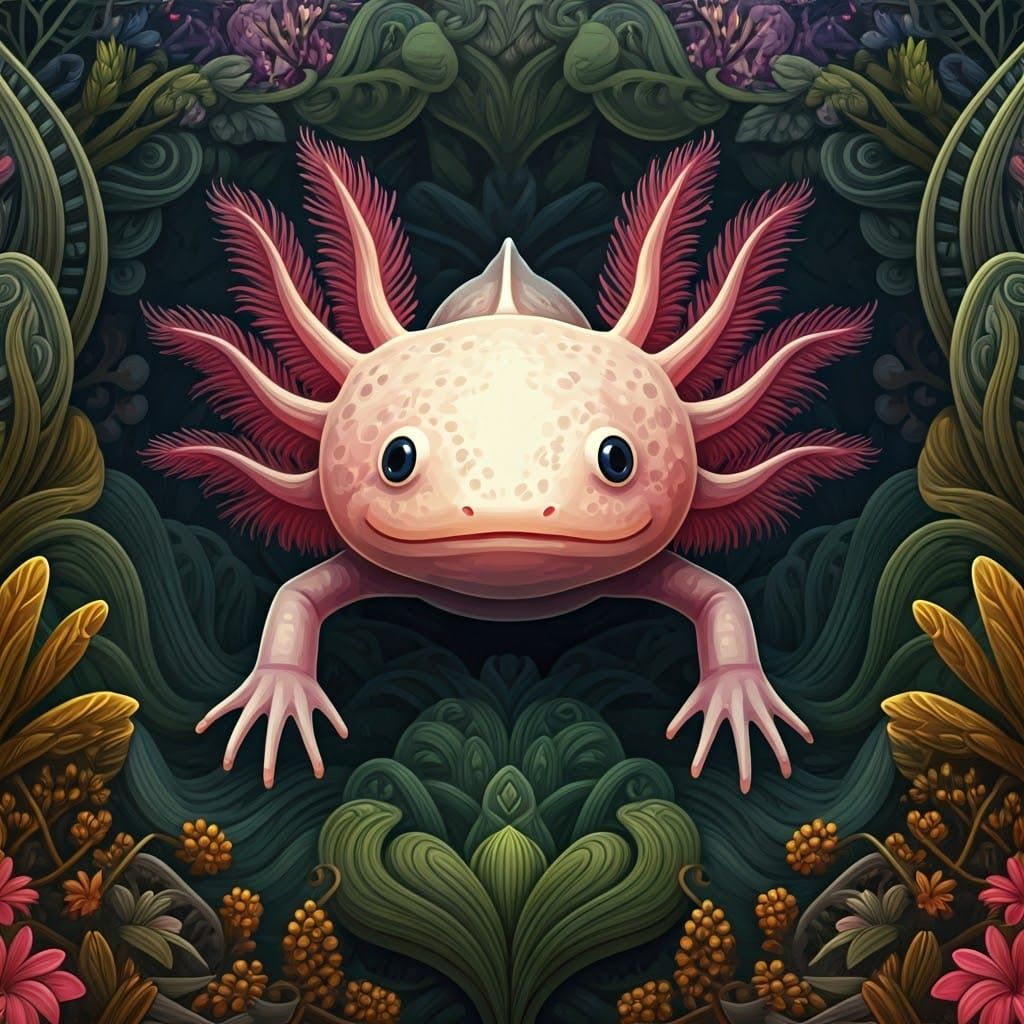 Axolotl in Cyberpunk Fractal Landscape