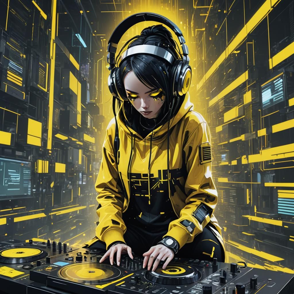 Robot Girl DJ Glitching in Futuristic Cyberpunk Scene