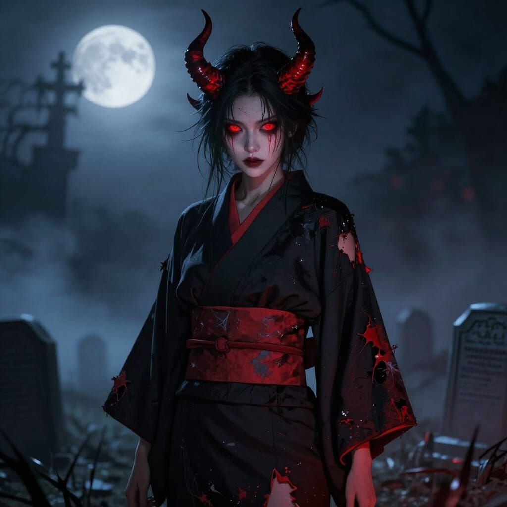 Demonic Woman in Moonlit Graveyard Digital Art