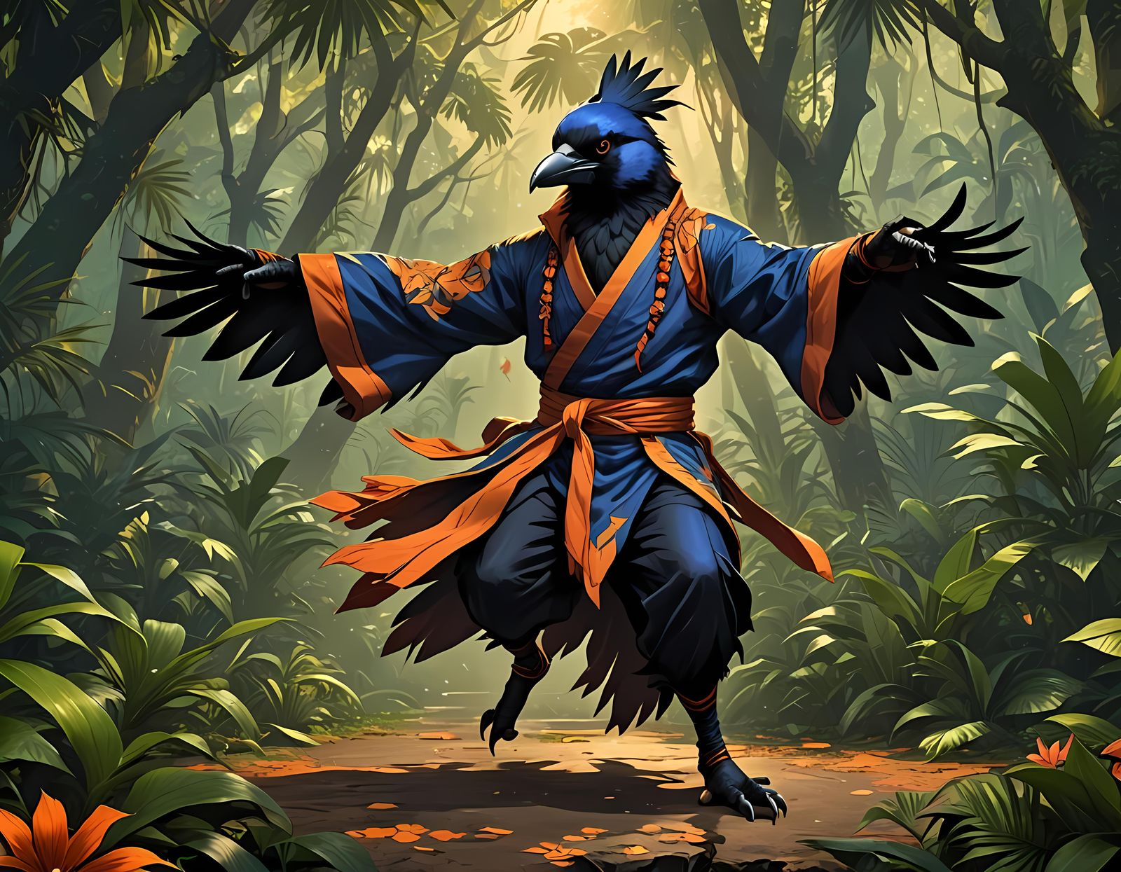 Cel-Shaded Kenku Martial Artist in Jungle Setting