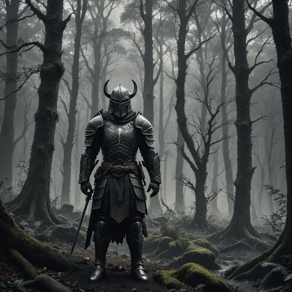 Dark Armored Warrior in Mystical Forest Concept Art