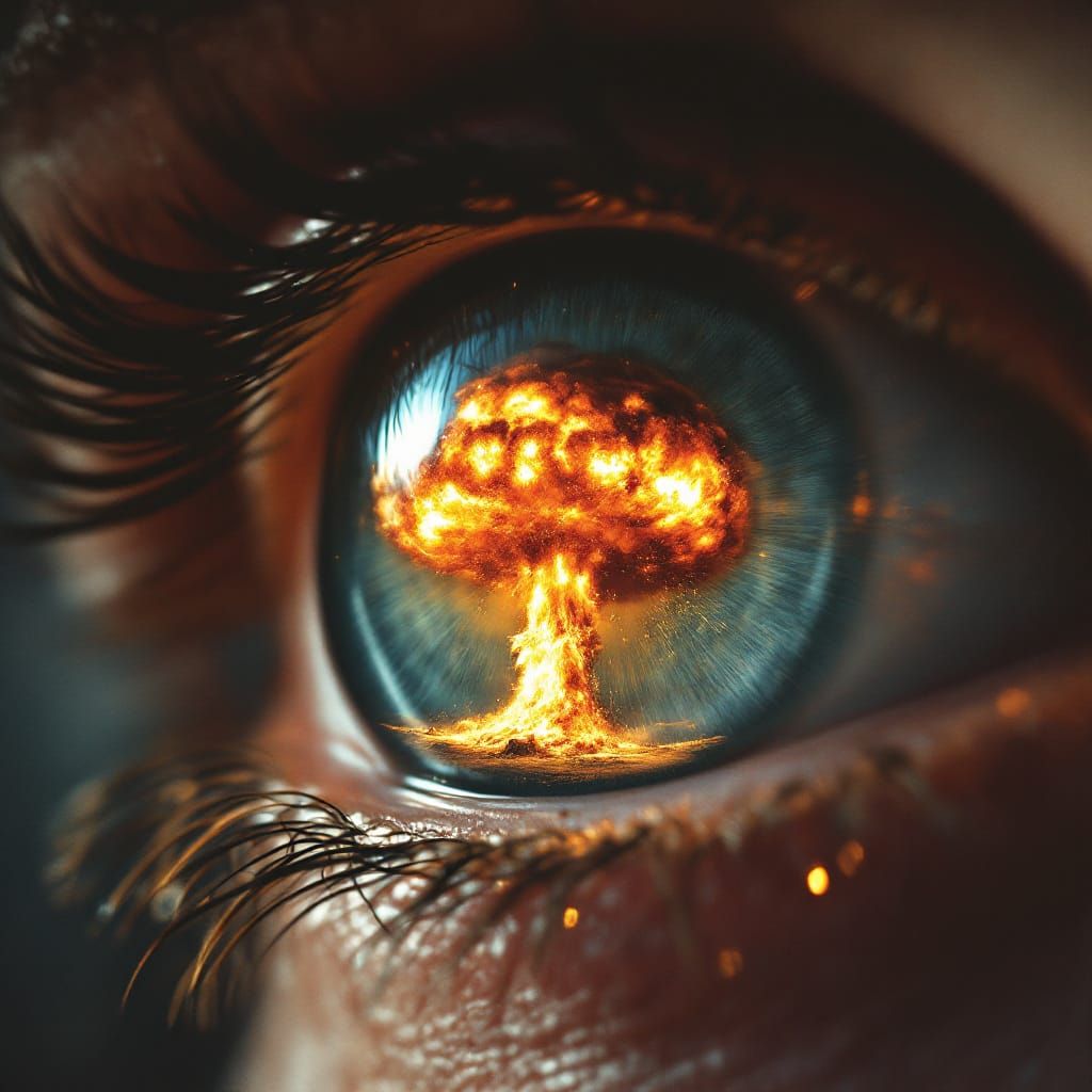 Soldier's Eye Reflects Atomic Explosion in Dramatic Lighting