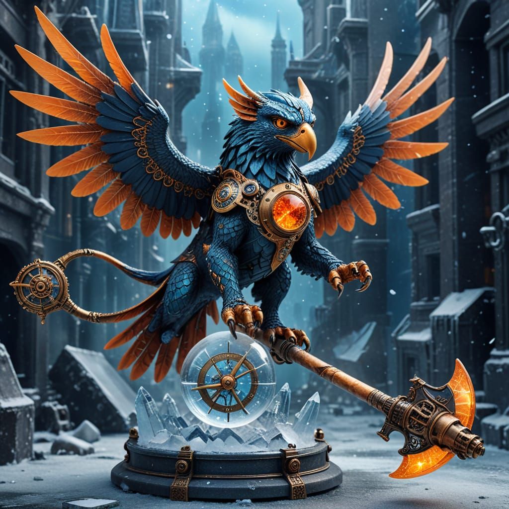 Epic Steampunk Gryphon with Clockwork Galaxy and Hammer