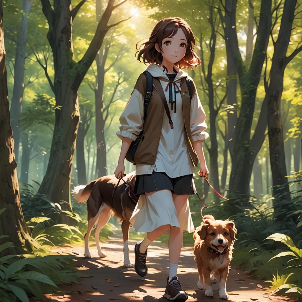Girl and Dog in Sunlit Forest: 3D Anime Art
