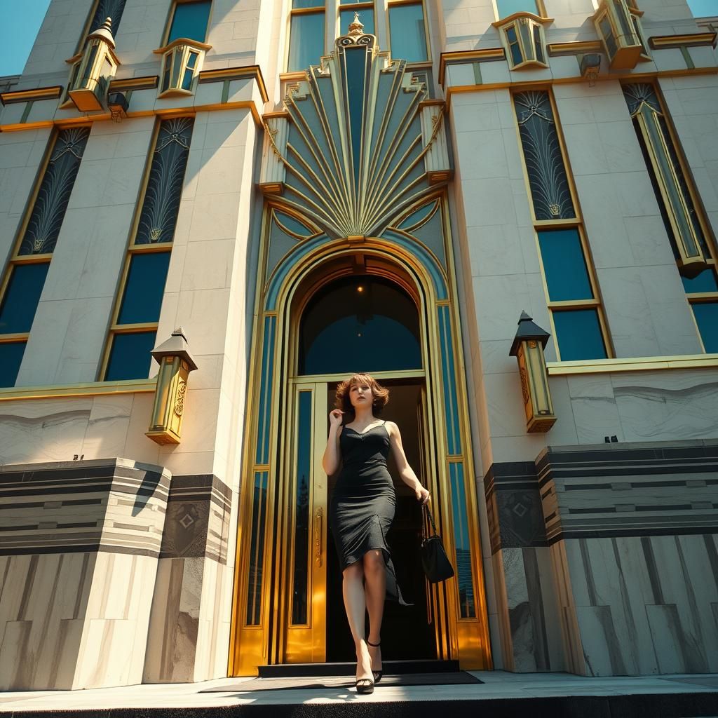 Art Deco Woman Exits Grand Hotel on Sunny Day