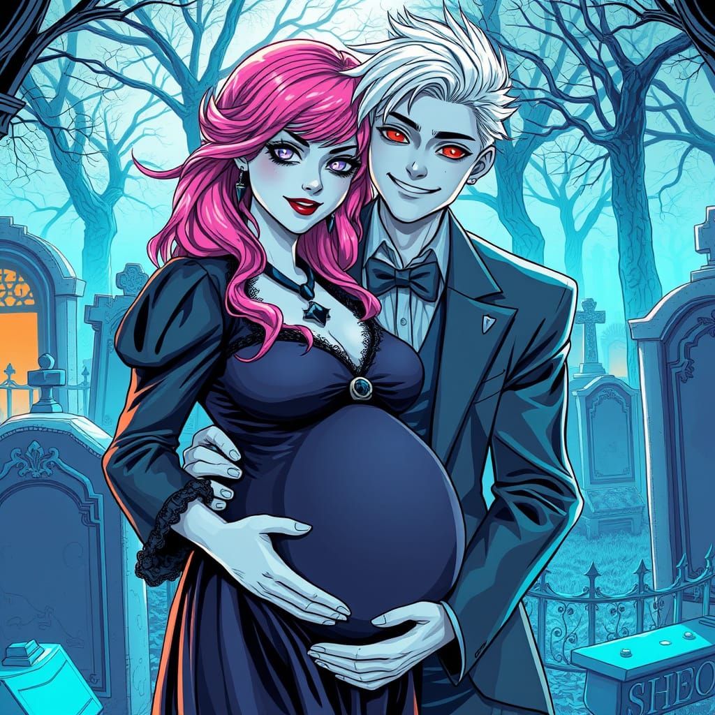 Gothic Lovers in Cemetery, in Line Art Style