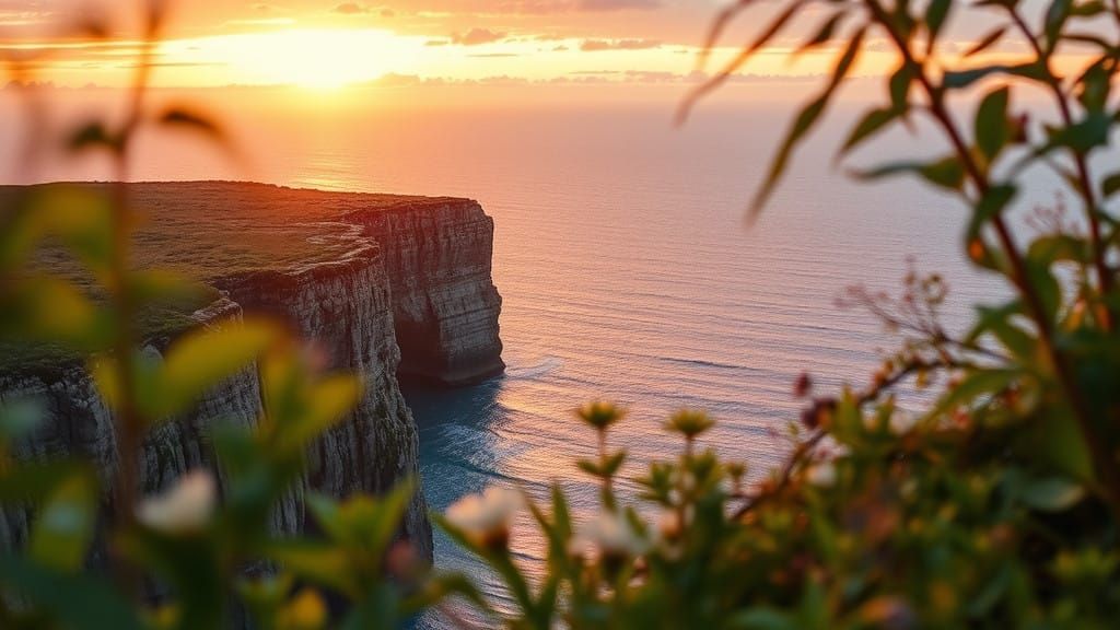 Serene Sunset Cliffside Oasis in Golden Light