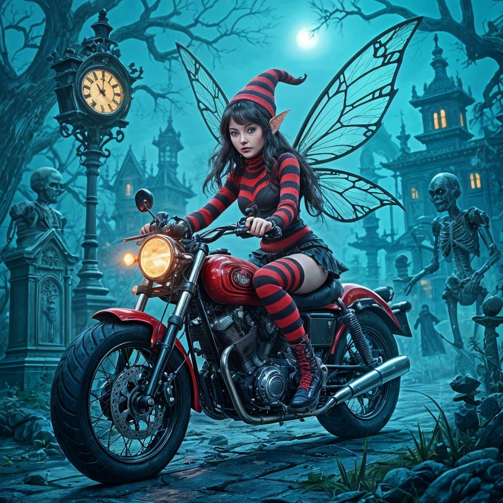 Steampunk Fairy Motorcycle Ride in Gothic Graveyard