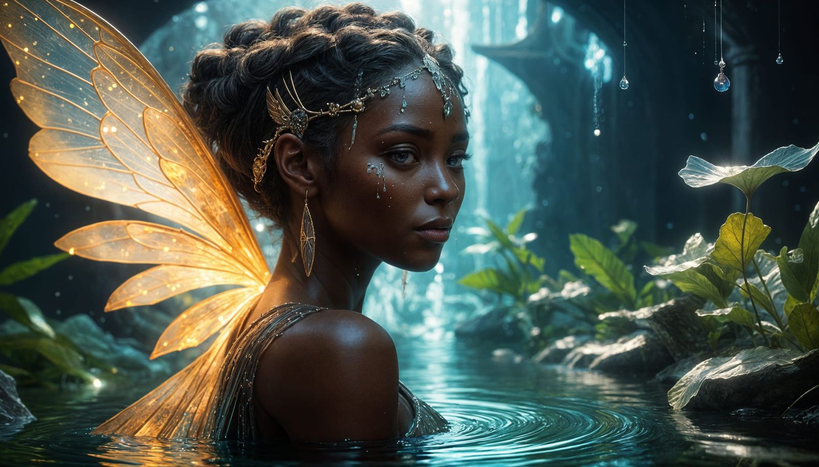 African Water Fairy Goddess in Bioluminescent Pond