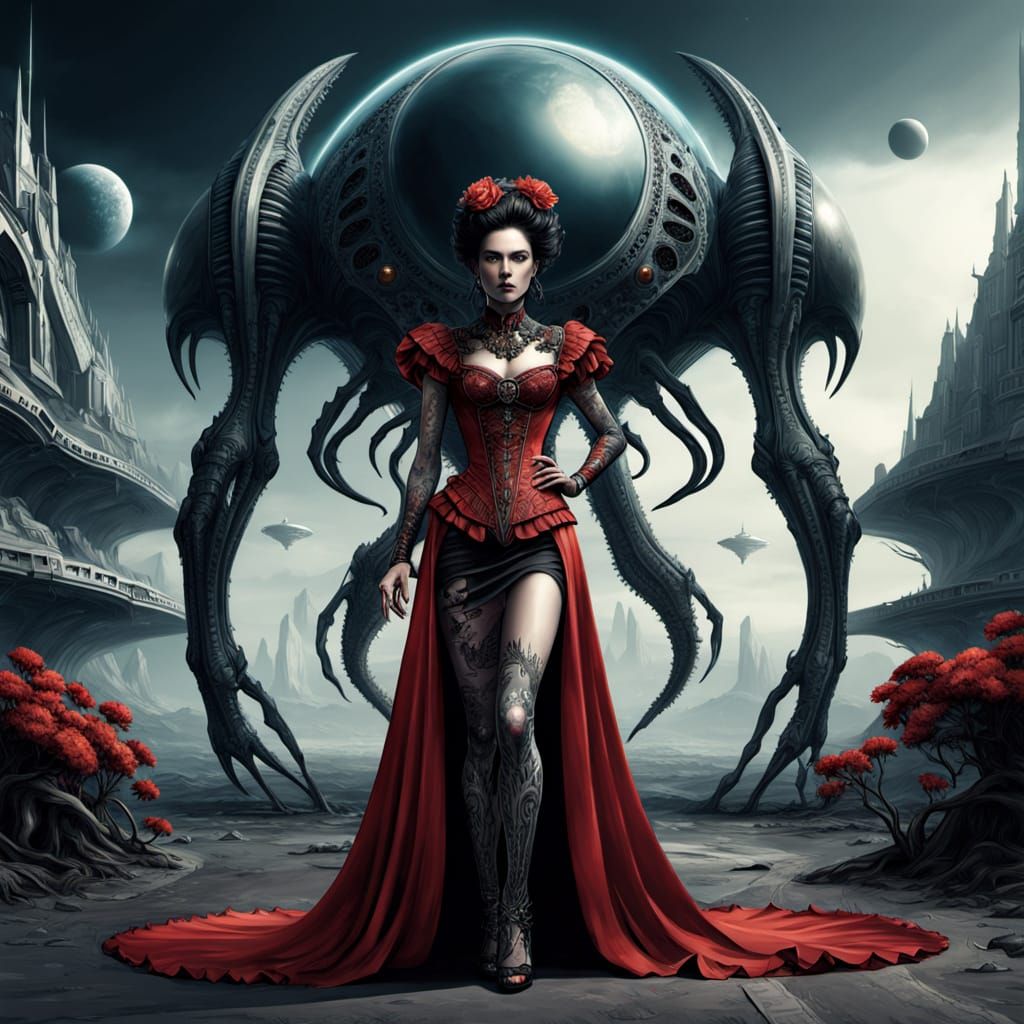 Woman in Elizabethan Dress on Alien Planet, Photorealistic