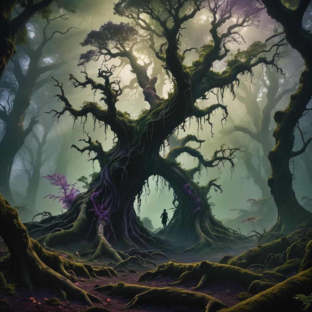 Mystical Figure Leaps into Dark Fantasy Forest