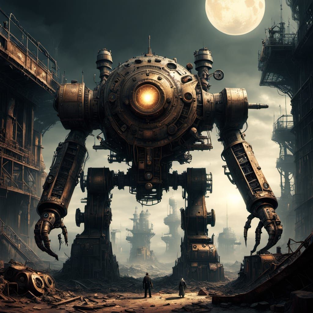 Colossal Steampunk Automaton in Desolate Wasteland