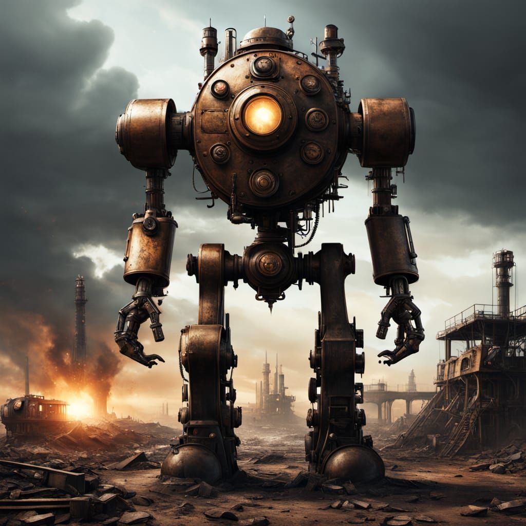 Steampunk Automaton Towers Over a Deserted Wasteland