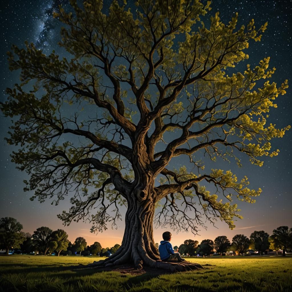 Child Under Starry Sky: Hyperrealistic Night Scene